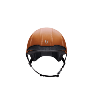 Frontalansicht eines Fahrradhelms Atlas von Egide bei MC E-Bike mit einer Schale aus Carbon und einem edlen Lederüberzug in camel Retro-Design, Produktbild