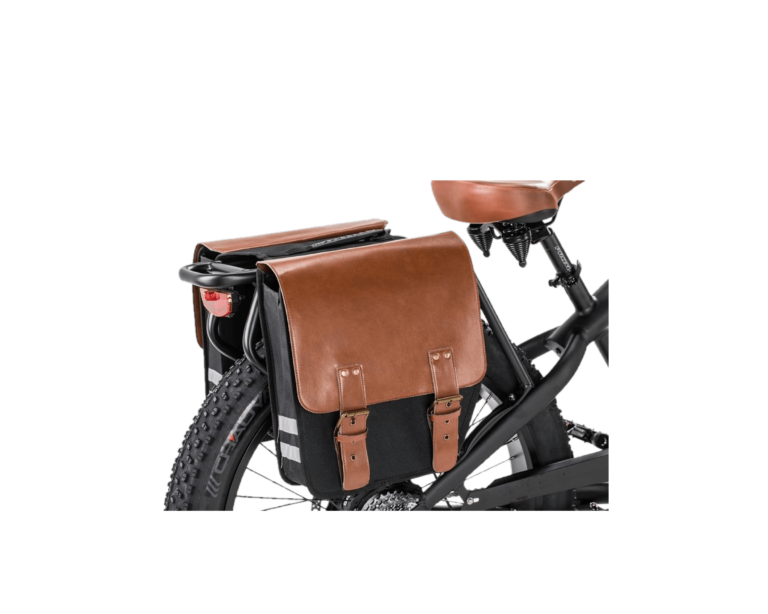 Seitenansicht eines E-Bike-Gepäckträgers aus Aluminium im Set mit einer Satteltasche aus PU-Leder in schwarz-braunem Look für die Cruiser-E-Bikes von MC E-Bike mit dem Namen Max E-CoffeeCruiser, Produktbild