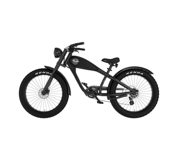 Linke Seitenansicht eines schwarzen Cruiser-E-Bikes von MC E-Bike mit dem Namen Max E-CoffeeCruiser: Schwarzer Rahmen, schwarzer Tank, schwarzer Sattel und schwarze, schwarze Fatbike-Reifen