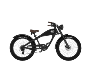 Rechte Seitenansicht des schwarzen Cruiser-E-Bikes von MC E-Bike mit dem Namen Max E-CoffeeCruiser: Schwarzer Rahmen, schwarzer Tank, brauner Sattel und braune Griffe, schwarze Fatbike-Reifen, Produkttitelbild