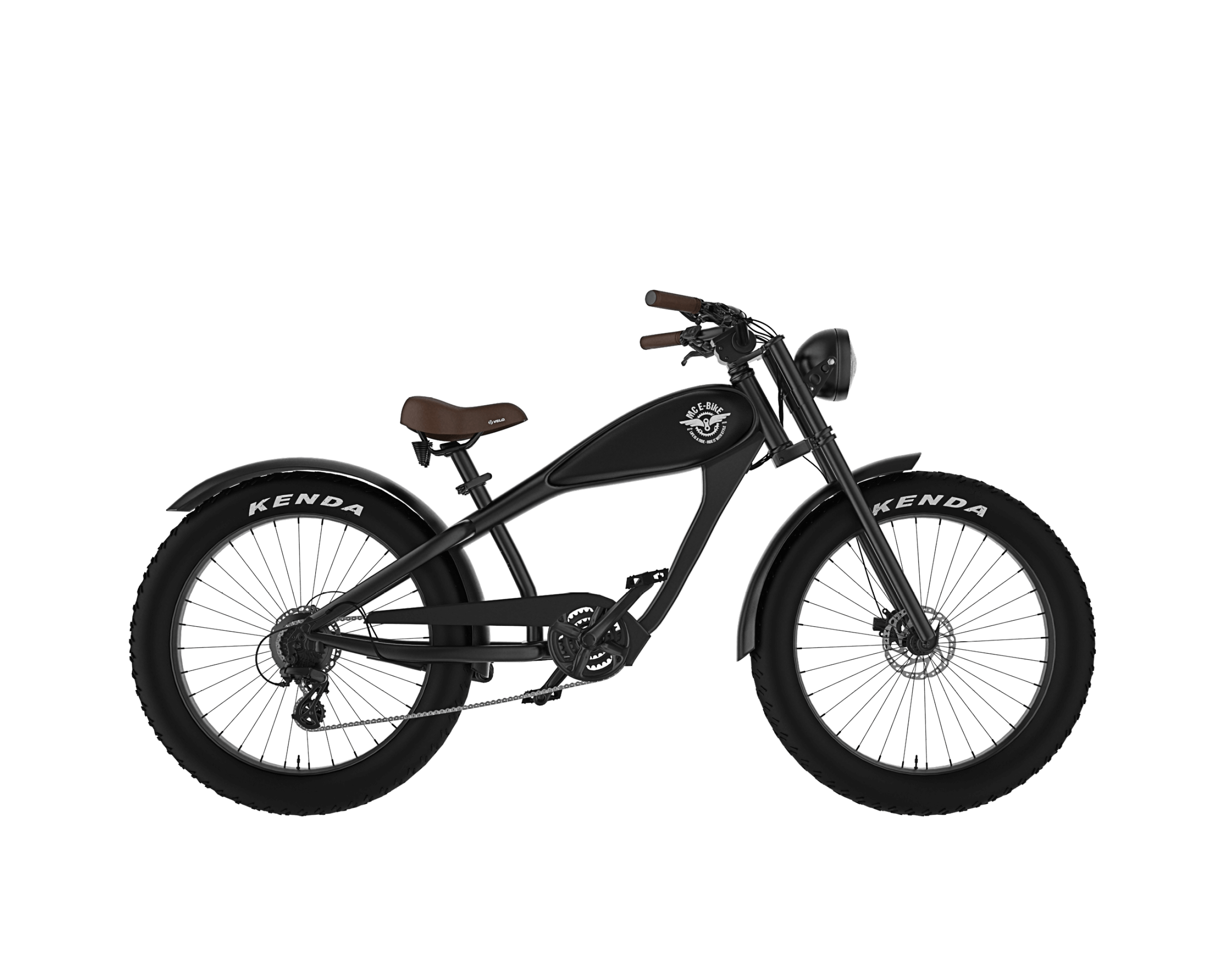 Rechte Seitenansicht des schwarzen Cruiser-E-Bikes von MC E-Bike mit dem Namen Max E-CoffeeCruiser: Schwarzer Rahmen, schwarzer Tank, brauner Sattel und braune Griffe, schwarze Fatbike-Reifen, Produkttitelbild