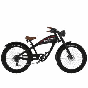 Rechte Seitenansicht des schwarzen Cruiser-E-Bikes von MC E-Bike mit dem Namen Max E-CoffeeCruiser im Design der Kölner Haie: Schwarzer Rahmen, schwarzer Tank im Design der Kölner Haie, brauner Sattel und braune Griffe, schwarze Fatbike-Reifen