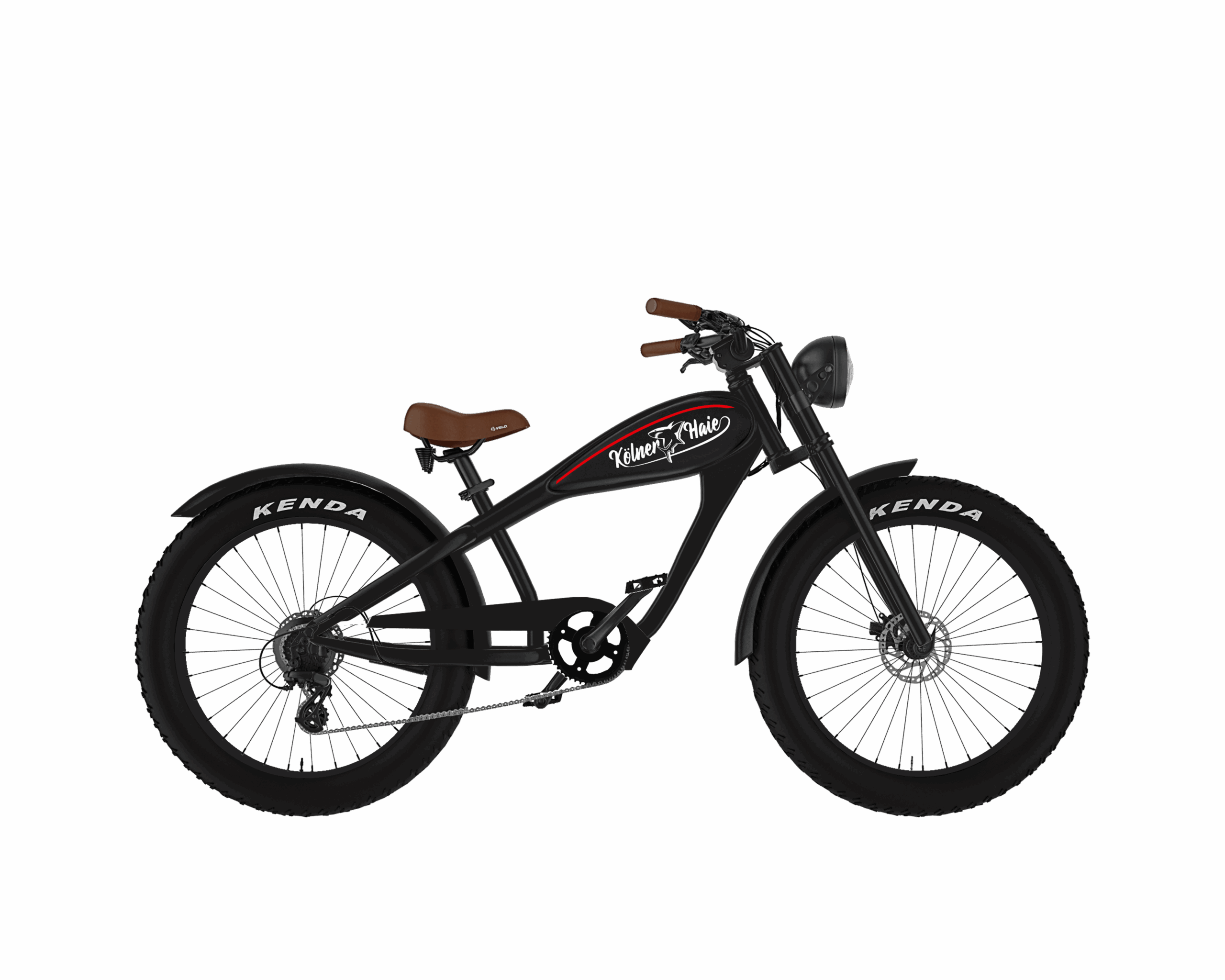 Rechte Seitenansicht des schwarzen Cruiser-E-Bikes von MC E-Bike mit dem Namen Max E-CoffeeCruiser im Design der Kölner Haie: Schwarzer Rahmen, schwarzer Tank im Design der Kölner Haie, brauner Sattel und braune Griffe, schwarze Fatbike-Reifen