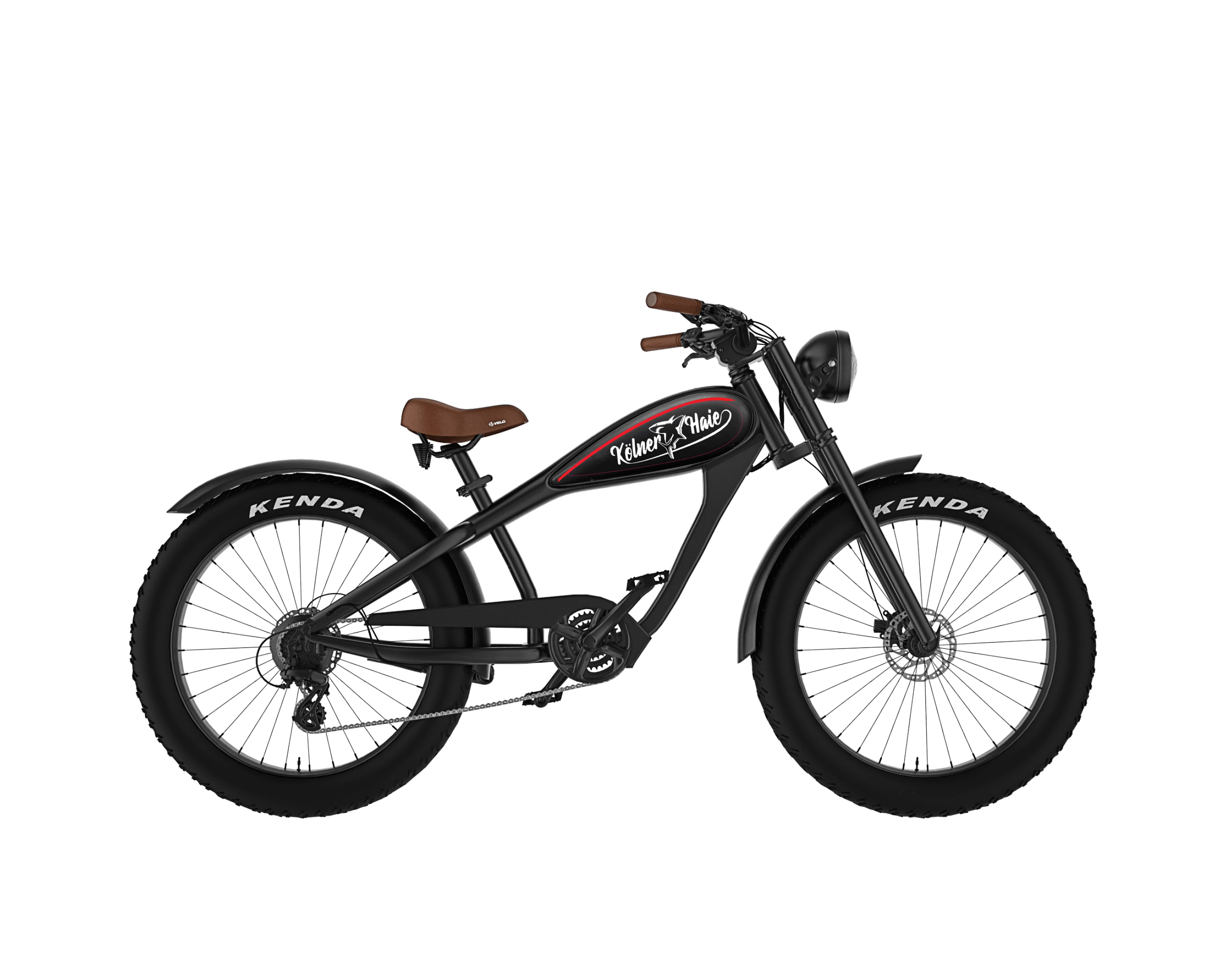 Rechte Seitenansicht des schwarzen Cruiser-E-Bikes von MC E-Bike mit dem Namen Max E-CoffeeCruiser im Design der Kölner Haie: Schwarzer Rahmen, schwarzer Tank im Design der Kölner Haie, brauner Sattel und braune Griffe, schwarze Fatbike-Reifen, Produkttitelbild