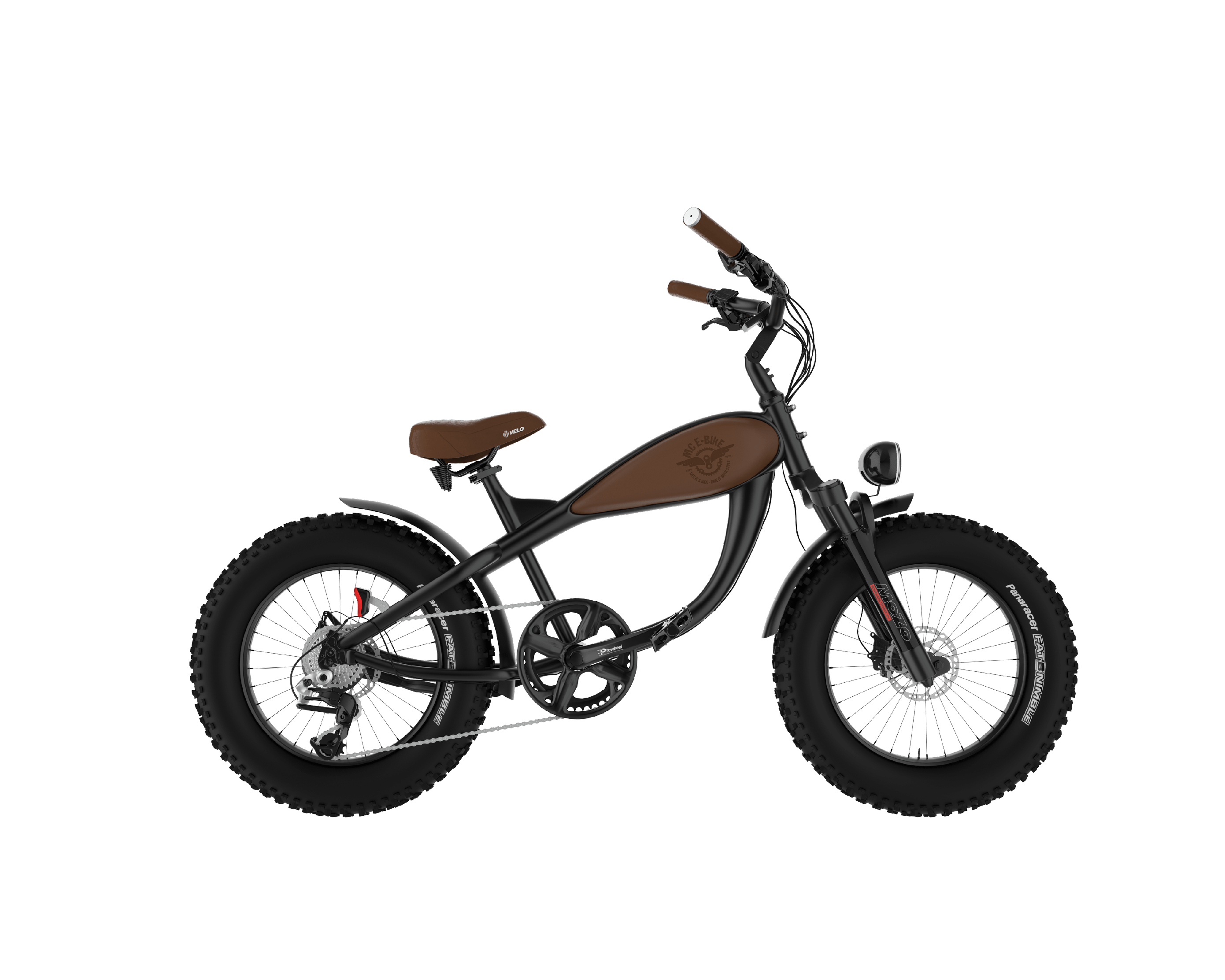 Rechte Seitenansicht eines schwarzen E-Bikes mit dem Namen Mid E-CoffeeCruiser. Schwarzer Rahmen, brauner Tank aus Leder, brauner Sattel und braune Griffe, schwarze Fatbike-Reifen, Produktbild