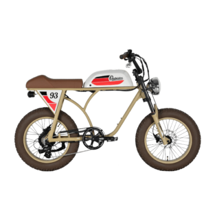 Rechte Seitenansicht eines beigen E-Bikes mit dem Namen MB Outsider-S-Pro, Beiger Rahmen, weißer Tank, brauner Sattel und braune Griffe, braune Fatbike-Reifen, 20 Zoll, Produktbild