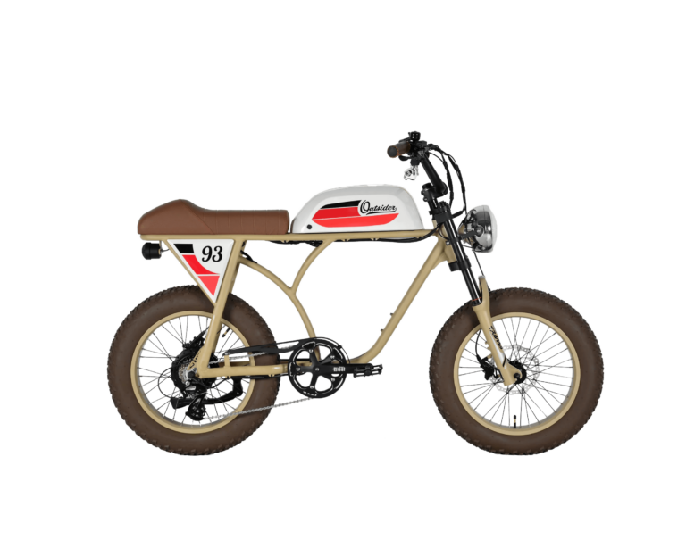 Rechte Seitenansicht eines beigen E-Bikes mit dem Namen MB Outsider-S-Pro, Beiger Rahmen, weißer Tank, brauner Sattel und braune Griffe, braune Fatbike-Reifen, 20 Zoll, Produktbild