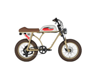 Rechte Seitenansicht eines beigen E-Bikes mit dem Namen MB Outsider-S-Pro, Beiger Rahmen, weißer Tank, brauner Sattel und braune Griffe, braune Fatbike-Reifen, 20 Zoll, Produktbild