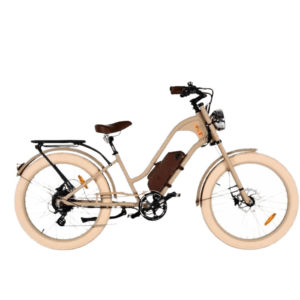 Rechte Seitenansicht beigen E-Bikes mit dem Namen MB Vacay Lady, tiefer Einstieg, Beiger Rahmen, brauner Sattel und braune Griffe, beige Fatbike-Reifen, 26 Zoll, mit Gepäckträger, Produktbild