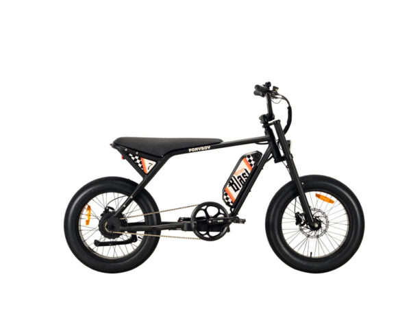 Rechte Seitenansicht schwarzen E-Bikes mit dem Namen MB Ponyboy, Schwarzer Rahmen, schwarzer langgezogener Sitz und schwarze Griffe, schwarze Fatbike-Reifen, 20 Zoll, Produktbild
