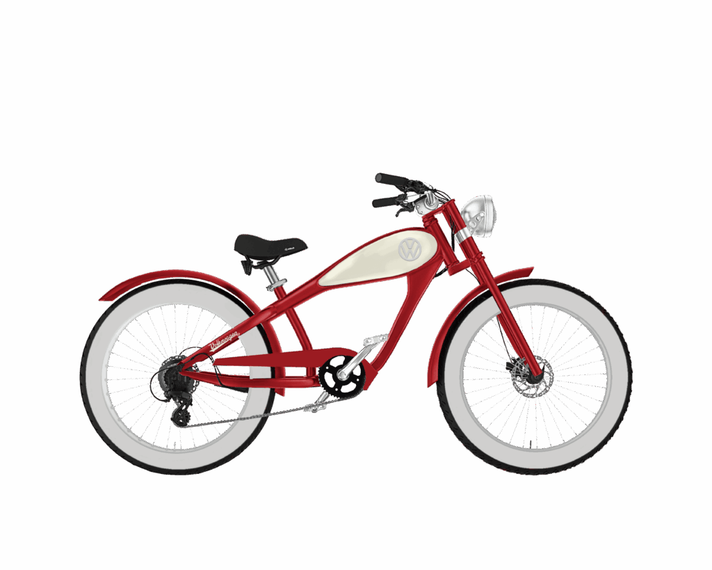 Rechte Seitenansicht des Volkswagen Bulli Bikes (designed by MC E-Bike) im historischen Bulli Design, mit original historischem VW-Logo und den klassischen Volkswagen Bulli Farben rot und creme, roter Rahmen, creme Tank, Chrom-Details, verchromte Felgen, durch Volkswagen offiziell lizensiertes Produkt, Produkttitelbild
