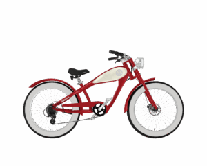 Rechte Seitenansicht des Volkswagen Bulli Bikes (designed by MC E-Bike) im historischen Bulli Design, mit original historischem VW-Logo und den klassischen Volkswagen Bulli Farben rot und creme, roter Rahmen, creme Tank, Chrom-Details, verchromte Felgen, durch Volkswagen offiziell lizensiertes Produkt, Produkttitelbild