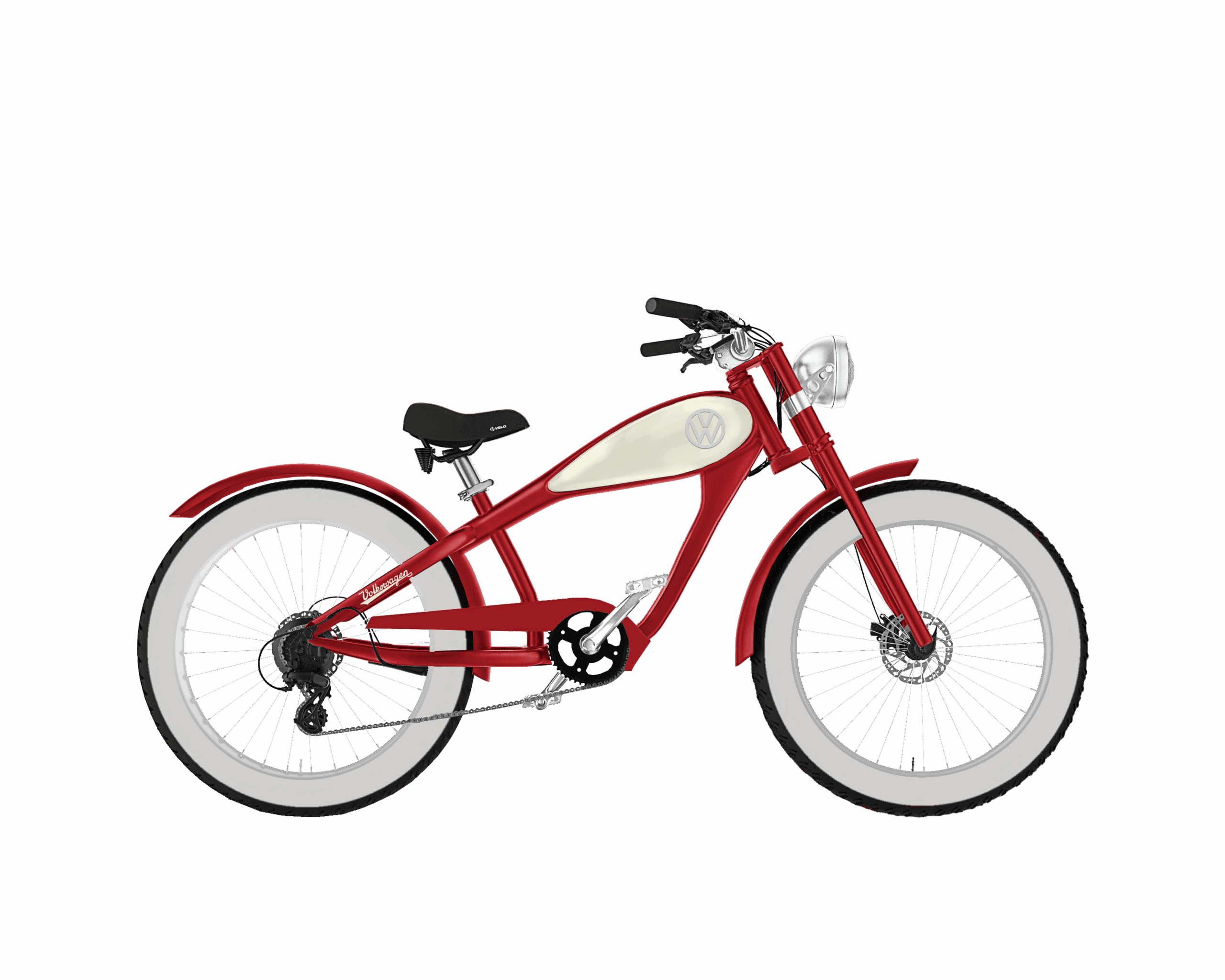 Rechte Seitenansicht des Volkswagen Bulli Bikes (designed by MC E-Bike) im historischen Bulli Design, mit original historischem VW-Logo und den klassischen Volkswagen Bulli Farben rot und creme, roter Rahmen, creme Tank, Chrom-Details, verchromte Felgen, durch Volkswagen offiziell lizensiertes Produkt, Produkttitelbild