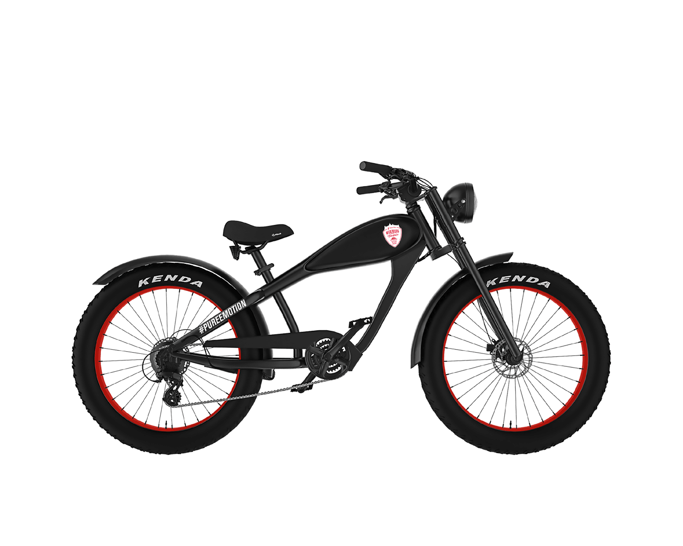 Rechte Seitenansicht des schwarzen Cruiser-E-Bikes von MC E-Bike mit dem Namen Baskets Bike im Fan-Design der Würburg Baskets