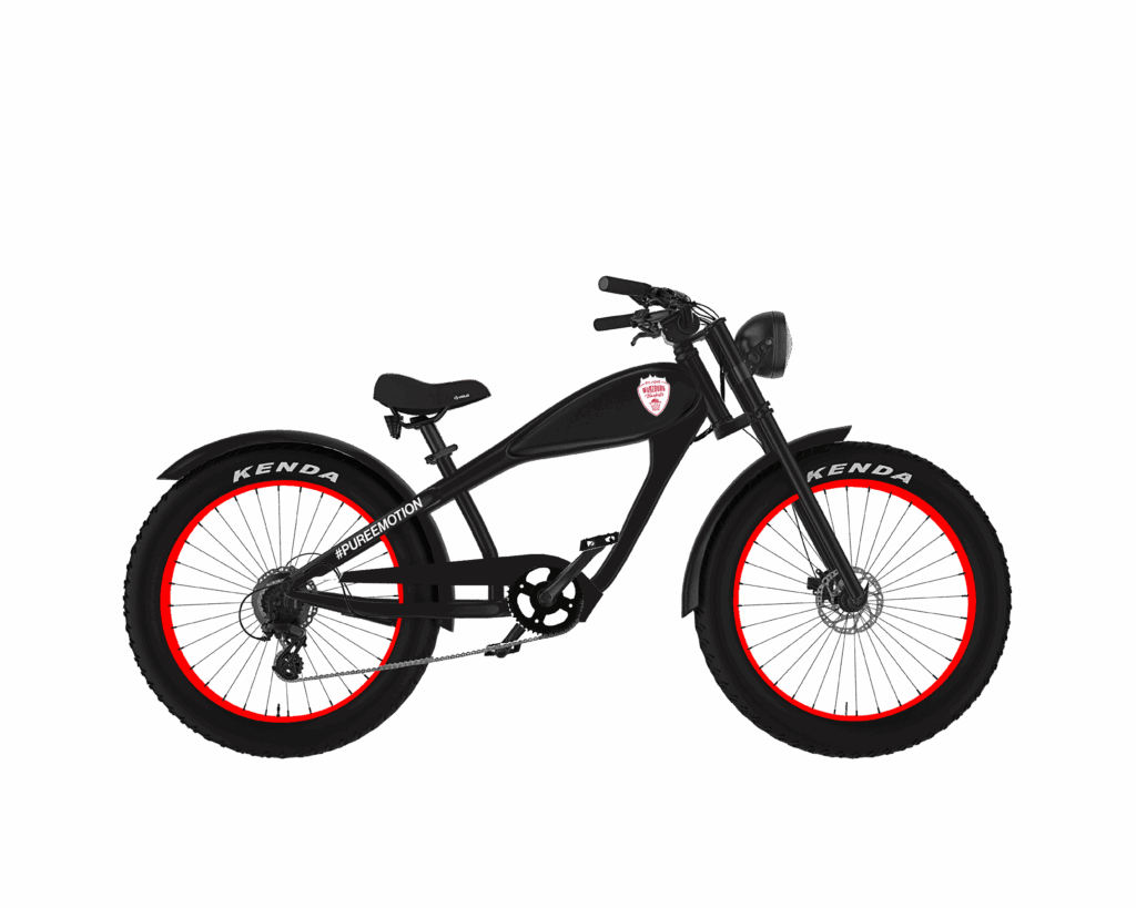Rechte Seitenansicht des schwarzen Cruiser-E-Bikes von MC E-Bike mit dem Namen Baskets Bike im Fan-Design der Würburg Baskets