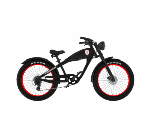 Rechte Seitenansicht des schwarzen Cruiser-E-Bikes von MC E-Bike mit dem Namen Baskets Bike im Fan-Design der Würburg Baskets