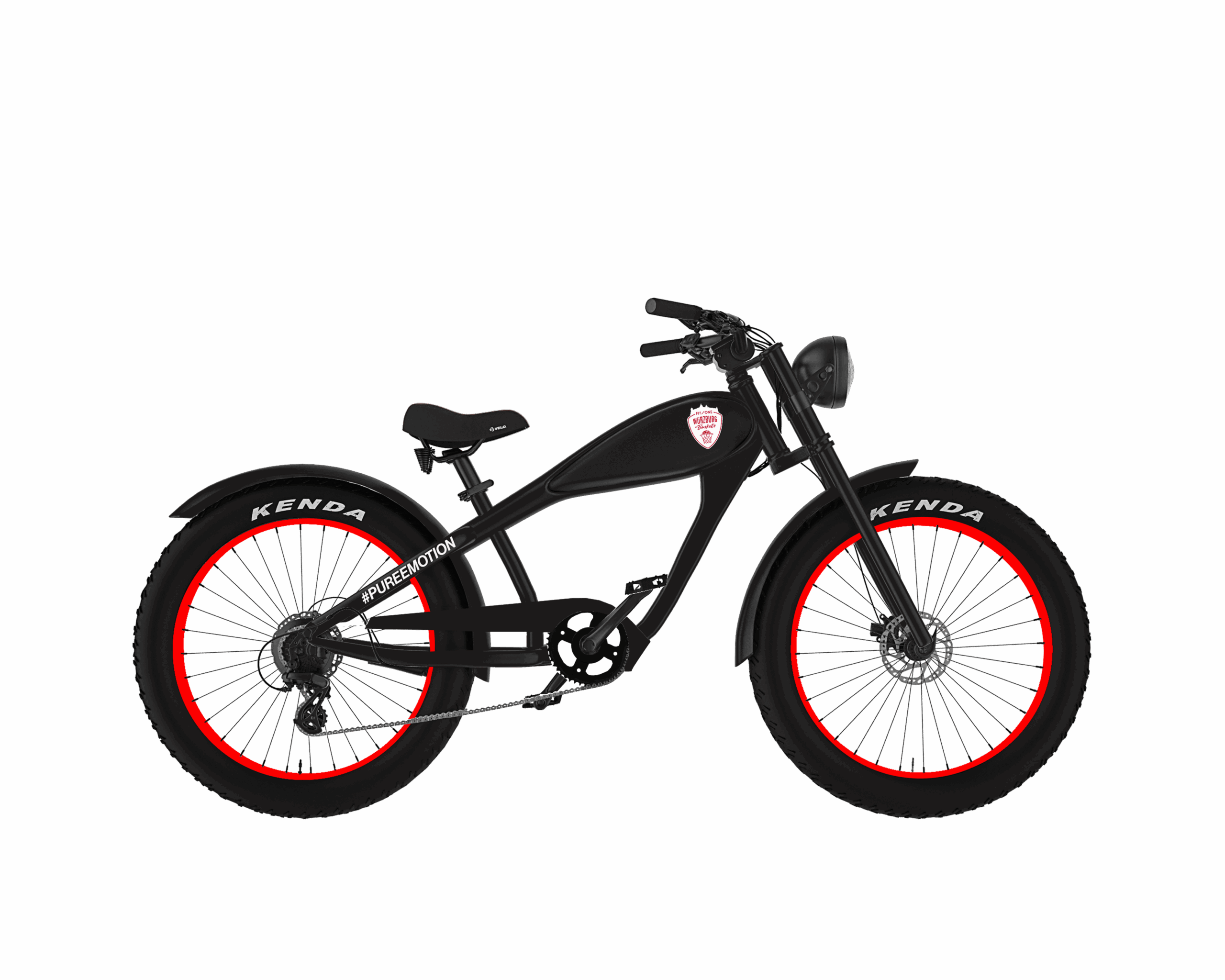 Rechte Seitenansicht des schwarzen Cruiser-E-Bikes von MC E-Bike mit dem Namen Baskets Bike im Fan-Design der Würburg Baskets