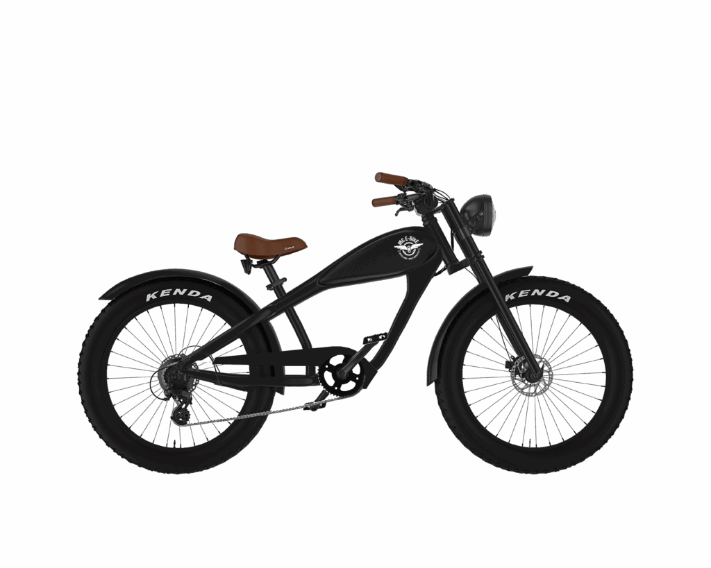 Rechte Seitenansicht des schwarzen Cruiser-E-Bikes von MC E-Bike mit dem Namen Max E-CoffeeCruiser: Schwarzer Rahmen, schwarzer Tank, brauner Sattel und braune Griffe, schwarze Fatbike-Reifen