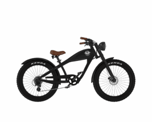 Rechte Seitenansicht des schwarzen Cruiser-E-Bikes von MC E-Bike mit dem Namen Max E-CoffeeCruiser: Schwarzer Rahmen, schwarzer Tank, brauner Sattel und braune Griffe, schwarze Fatbike-Reifen