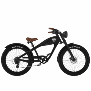 Rechte Seitenansicht des schwarzen Cruiser-E-Bikes von MC E-Bike mit dem Namen Max E-CoffeeCruiser: Schwarzer Rahmen, schwarzer Tank, brauner Sattel und braune Griffe, schwarze Fatbike-Reifen